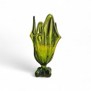 Viking Glass Mid Century Modern Green Handkerchief Vase Swung Vase 4 Toes Base